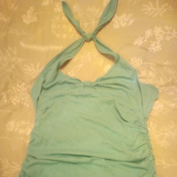 Max Studio halter dress ruched  elastic sides M light turquoise pre owned! - Picture 5 of 8